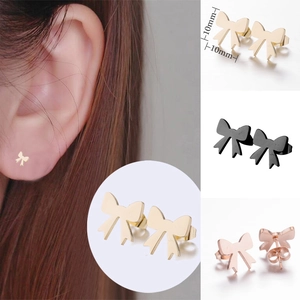 Three-color 10mm bow stud earrings in gold, black and rose gold with size reference