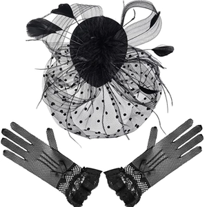 Vintage black mesh fascinator hat with feathers and matching lace gloves set