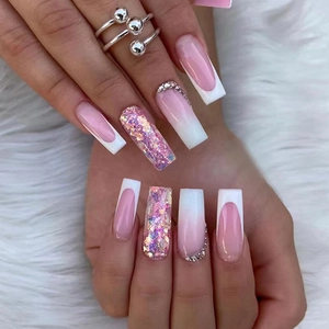 Long Ballerina Press On Nails Pink White French Gradient Glitter Rhinestone False Nails Coffin Shape Elegant Manicure