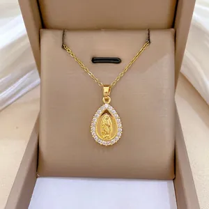Teardrop Religious Figure Pendant Necklace With Stainless Steel Chain Copper Cubic Zirconia Elegant Jewelry For Women