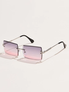 Detail of rimless square sunglasses featuring purple to pink gradient lenses and metal frames