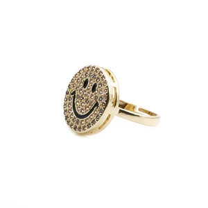 Macro detail of gold adjustable ring with sparkling round smiley face pave champagne zircon