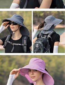 Detail of outdoor sun hat with large brim, ponytail hole, and foldable neck flap