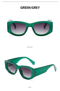 Front and side views of green square frame retro sunglasses with gradient grey lenses