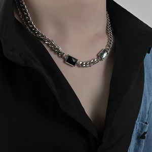 Hip hop silver titanium steel Cuban chain necklace with rectangular black stones for men