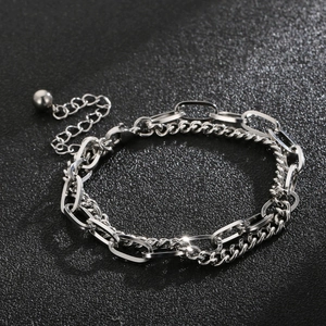 Men's double-layered silver metal bracelet with classic Cuban and oval link chains