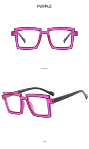 Detail view of purple TR90 square glasses frames showing positive and side angles