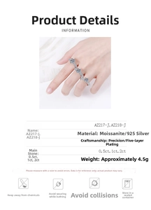 Detailed spec sheet and model view of S925 silver moissanite rings in multiple carat sizes