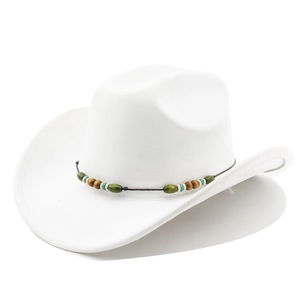 Detail of white felt cowboy hat featuring bohemian beaded band and wide brim edge