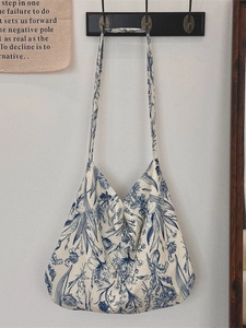 Blue and white floral cotton hobo shoulder bag with minimalist aesthetic print