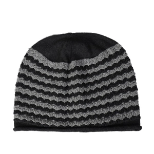 Slouchy striped knit beanie in black and grey pattern for men and women
