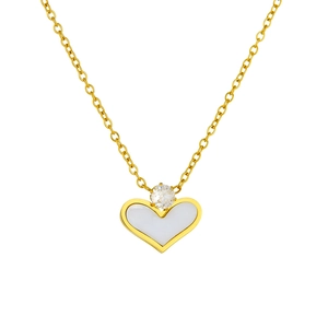 Gold plated stainless steel heart pendant necklace with white shell and cz stone inlay