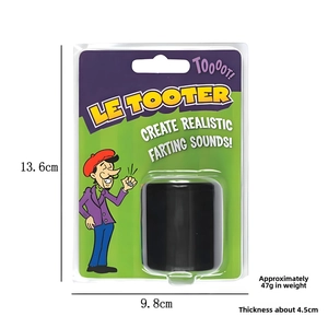 Detailed dimensions of the Le Tooter fart prank toy in its original blister card packaging