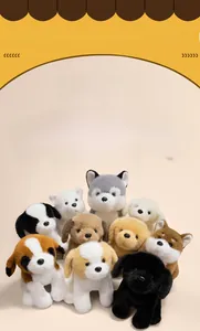 Detailed close-up of mixed plush puppy toy collection including Husky and Shiba Inu breeds