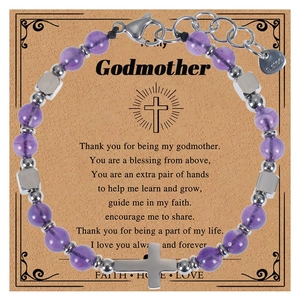 Bracelet En Perles De Pierre Naturelle Avec Charm Croix En Acier Inoxydable Bijoux Religieux Cadeau Marraine Ajustable
