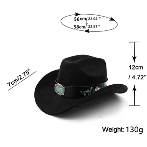 Detail view of ethnic fedora with turquoise buckle and embroidered star patterns