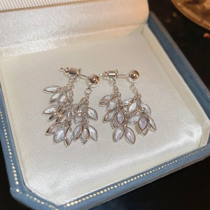 Detailansicht funkelnder Silber-Ohrringe mit Blattquasten und Zirkonia in einer Box