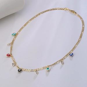 Gold Figaro chain necklace with colorful heart-shaped evil eye and zircon pendants