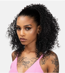 Detail of curly black synthetic drawstring ponytail wig extension on model