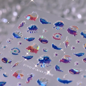 Holografische Laser-Nagelaufkleber mit 3D-Relief und Meeresmotiven wie Quallen und Wale