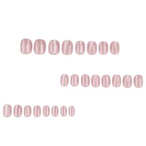Short round nude pink cat-eye press-on nails set with shimmering pearlescent finish