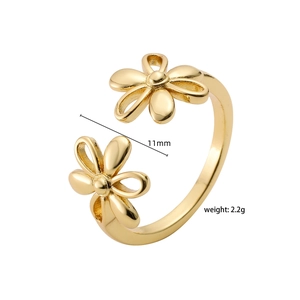 Minimalist double daisy open ring in gold finish with 11mm adjustable gap for women