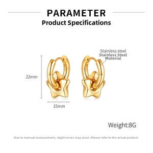 Detailed view of gold stainless steel star earrings with 22mm height and 15mm width dimensions