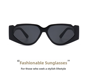 Detailed view of thick black geometric frame and dark grey lenses on cat eye sunglasses