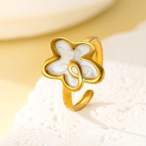 Minimalist 18k gold plated stainless steel open ring with white enamel flower design