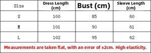 Detailed size chart for the V-neck long sleeve dress including length, bust, and sleeves