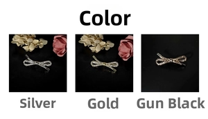 Bow hair clip set in silver, gold and gun black finish with sparkling rhinestones