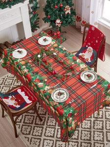 Festive red and green plaid Christmas tablecloth with Santa Claus chair cover set