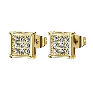 Detailed close-up of square gold stud earrings with cubic zirconia micro-pave setting