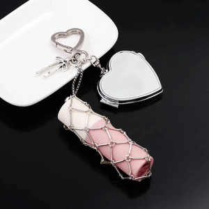 Silver mesh lipstick chain bag charm with heart keychain and mirror for women