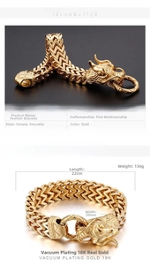 Detail of 18K gold plated stainless steel dragon bracelet showing scale texture and size