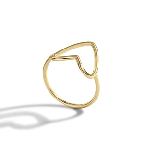Minimalist gold heart-shaped ring with V-shaped open design on white background