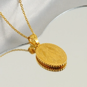 Golden stainless steel Virgin Mary oval pendant necklace with mirror reflection