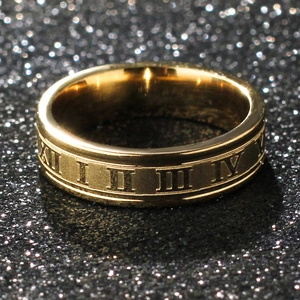 Bague en acier inoxydable doré style punk avec gravure de chiffres romains sur fond pailleté