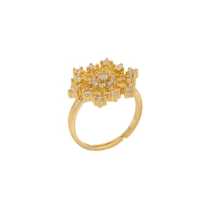 Adjustable gold snowflake ring with sparkling cubic zirconia stones on white background