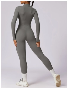 Rear view detail of high-stretch dark grey long sleeve yoga catsuit with professional fit