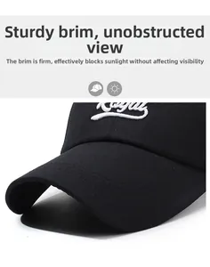 Close-up of black baseball cap featuring a stiff brim and high-density white embroidery