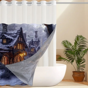 Close-up of waterproof fabric shower curtain with winter snow village art scene