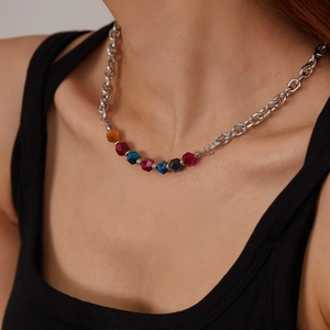 Women's silver stainless steel chain necklace with colorful faceted natural stone beads