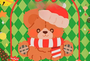 Detailed Christmas paper gift bag featuring a cute cartoon bear and festive green plaid patterns