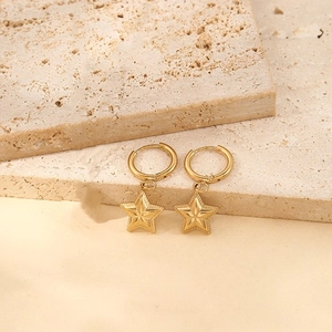 Polished gold star drop hoop earrings for women with textured star pendants