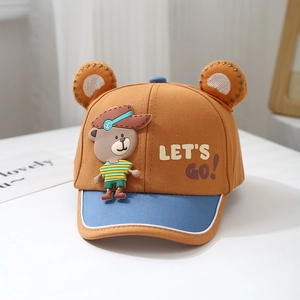 Detail of children's cartoon baseball cap with bear ears and silicone mascot
