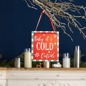 Red Christmas sign Baby it's COLD Outside with green plaid and snowflake decoration