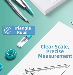 Detail of 45-degree triangle ruler with mint green sharpener and drafting tools