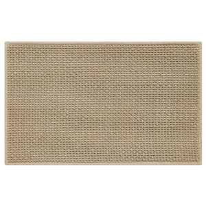Modern beige chenille bath mat with woven texture and reinforced edges on white background