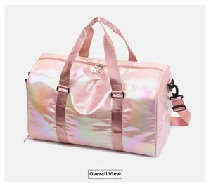 Pink holographic travel bag with dual handles and adjustable shoulder strap feature
